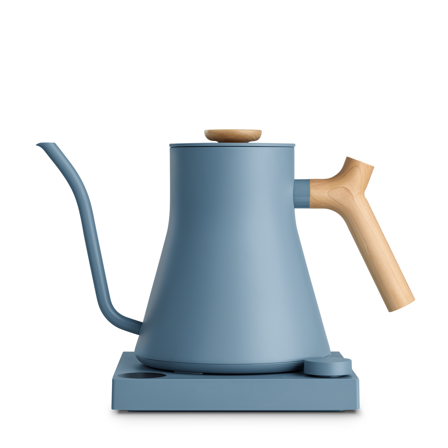Blue kettle with wooden handle on a white background