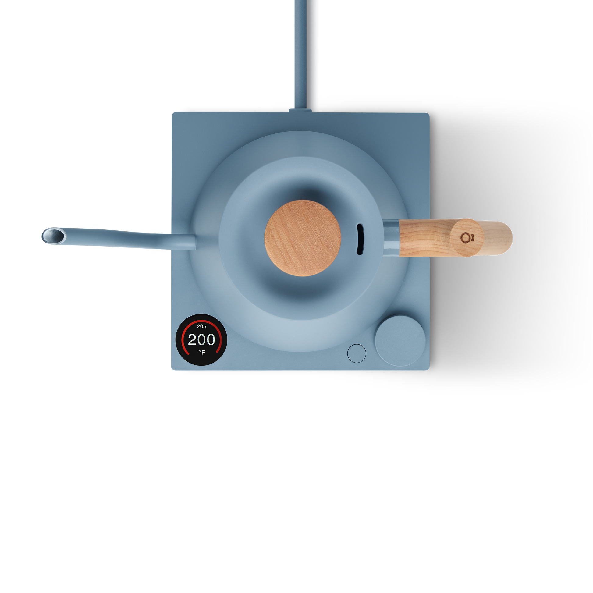 Blue electric stove with a wooden spoon on a white background