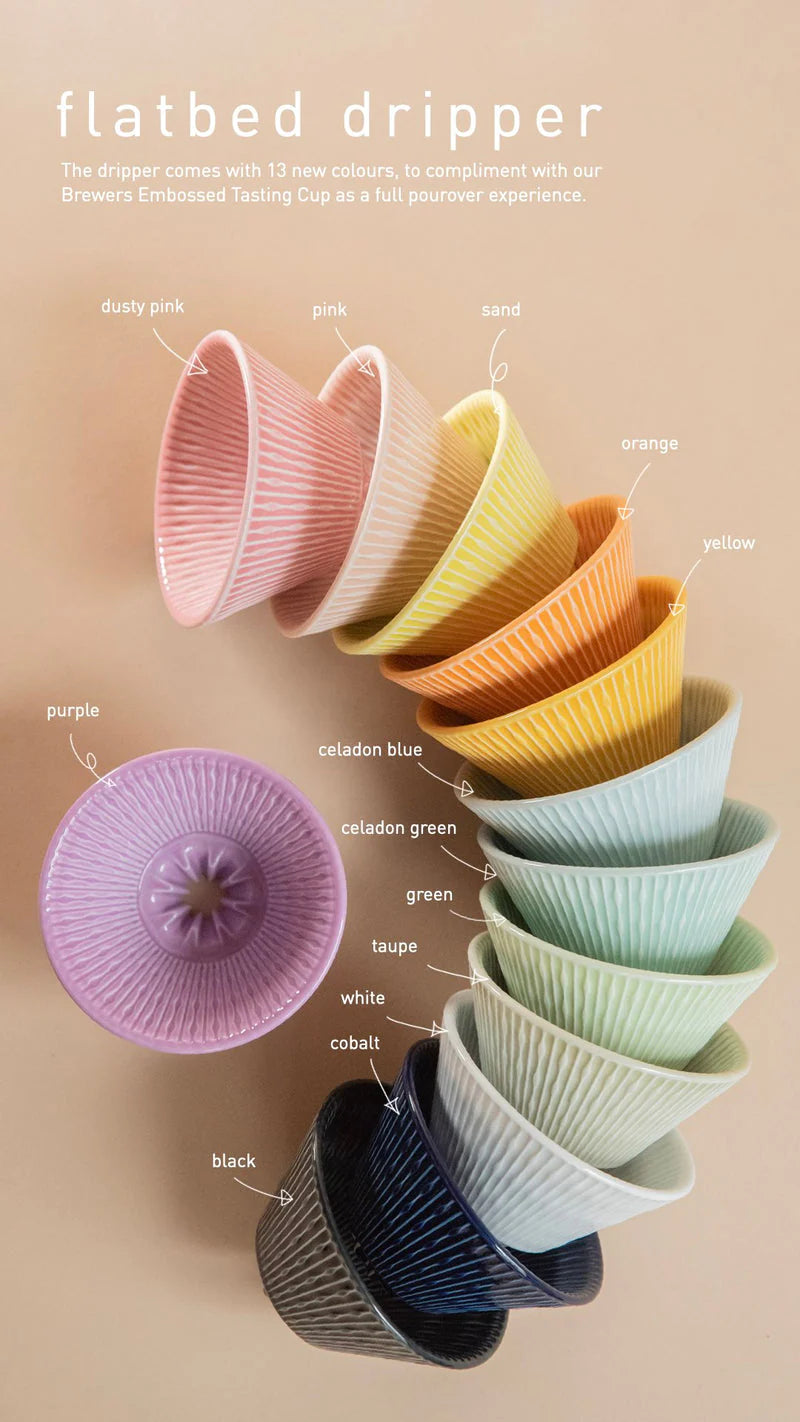 Colorful flatbed dippers in various colors on a beige background